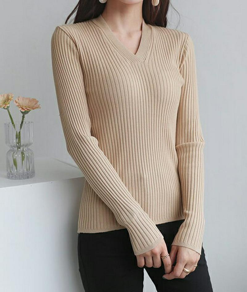 Vネックリブニット・全4色・b55350 レディース 【tops】【トップス Vネック リブ リブニット ニット 長袖 スリム 