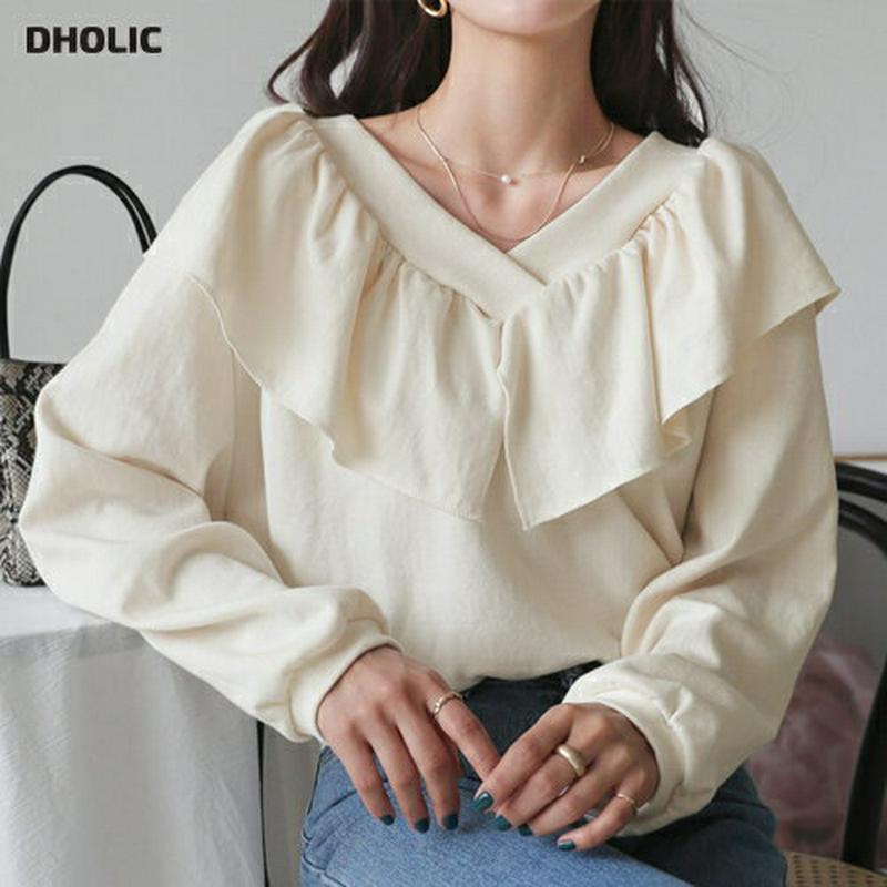 ラッフルVネックスウェット・全4色・b55346 レディース 【tops】【トップス Tシャツ 長袖 Vネック フリル ラッフル