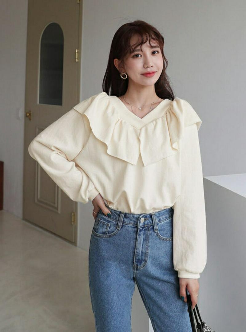 ラッフルVネックスウェット・全4色・b55346 レディース 【tops】【トップス Tシャツ 長袖 Vネック フリル ラッフル