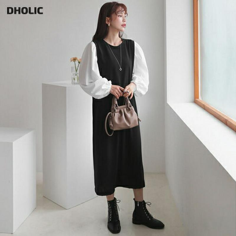 コントラストパフワンピース・全3色・b55355 レディース 【ops】【ワンピース ロング丈 ロング ロングワンピース パフス