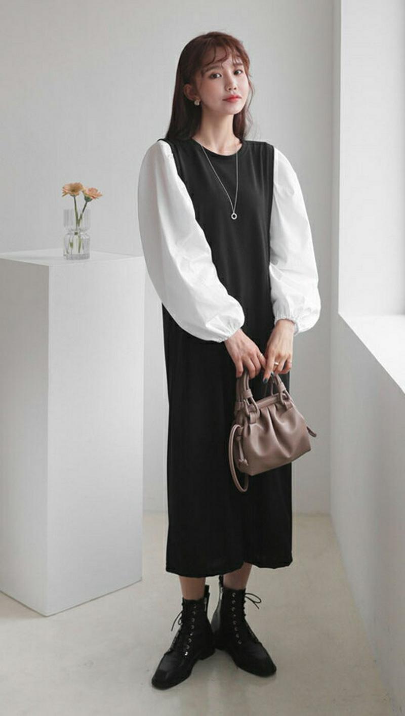 コントラストパフワンピース・全3色・b55355 レディース 【ops】【ワンピース ロング丈 ロング ロングワンピース パフス