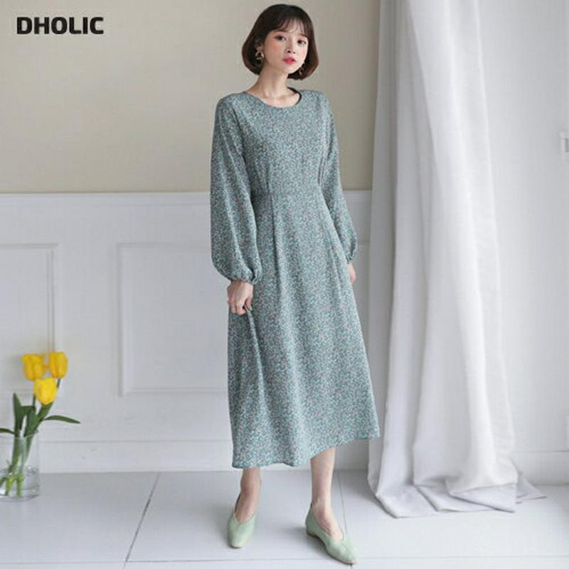 小花柄リボンワンピース・全2色・e55343 レディース 【ops】 韓国 ファッション ワンピース ロング丈 ロングワンピース ロング ラウンドネック 花柄 フレア 長袖 パフスリーブ 秋 春 冬