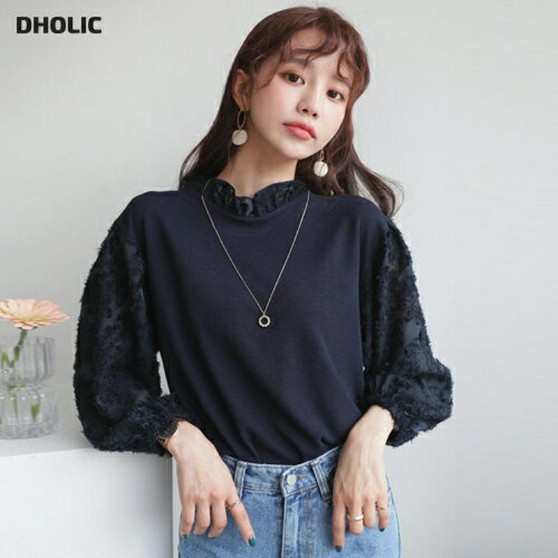 テクスチャースリーブTシャツ・全4色・b55357 レディース 【tops】【トップス Tシャツ モックネック フリルネック テ