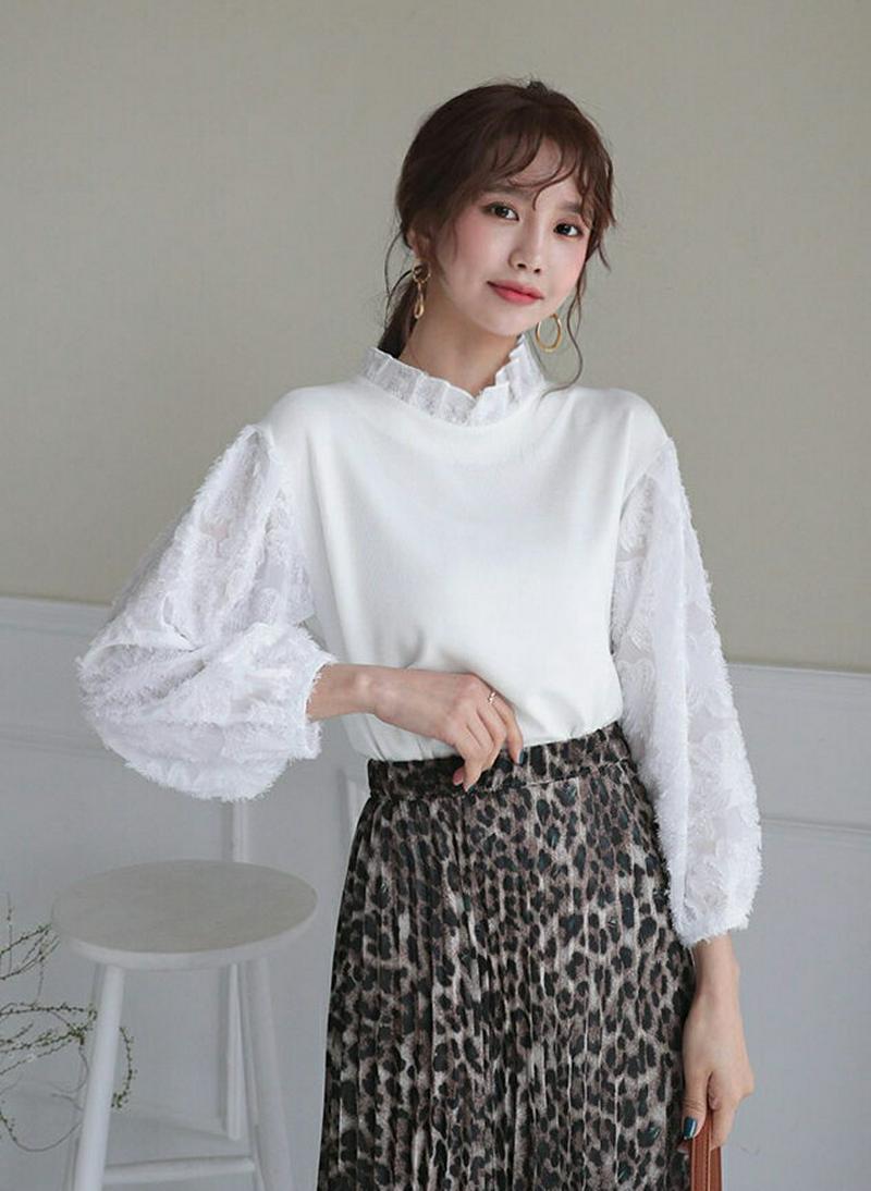テクスチャースリーブTシャツ・全4色・b55357 レディース 【tops】【トップス Tシャツ モックネック フリルネック テ