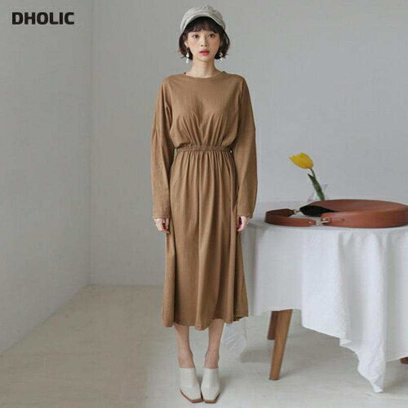 ウエストゴムワンピース・全6色・b55372 レディース 【ops】【ワンピース ロング丈 ロング ロングワンピース ラウンドネ