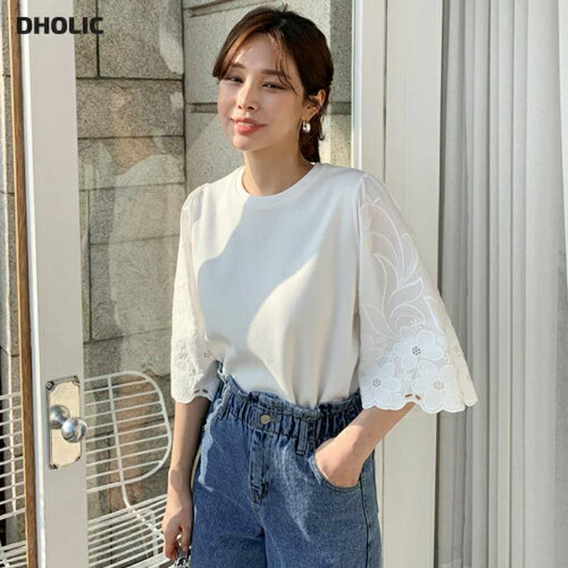 フラワー刺繍スリーブTシャツ・全3色・b61010 レディース【tops】【トップス Tシャツ 半袖 ハーフスリーブ 七分袖 7