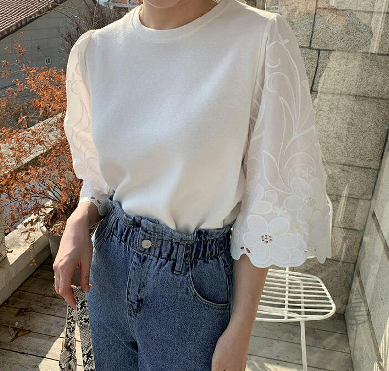 フラワー刺繍スリーブTシャツ・全3色・b61010 レディース【tops】【トップス Tシャツ 半袖 ハーフスリーブ 七分袖 7