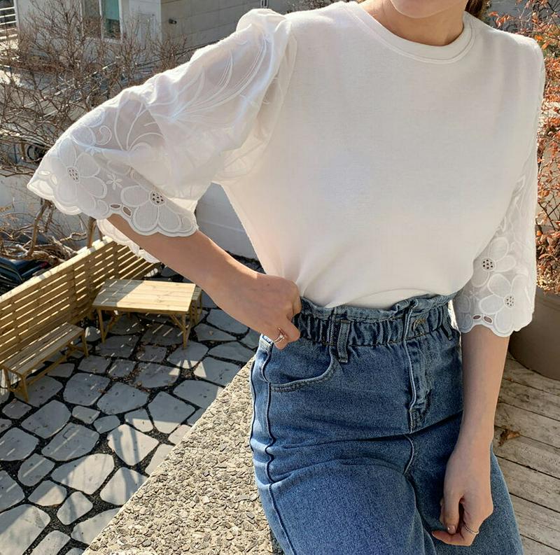 フラワー刺繍スリーブTシャツ・全3色・b61010 レディース【tops】【トップス Tシャツ 半袖 ハーフスリーブ 七分袖 7