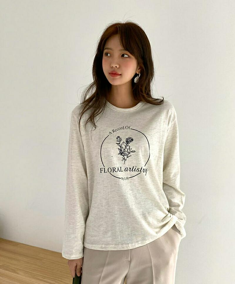 ラウンドプリントTシャツ・全3色・b57732 レディース 【tops】【トップス Tシャツ 長袖 ラウンドネック レタリング 