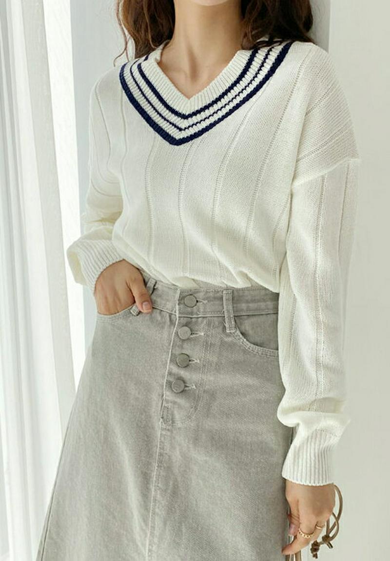 Vネック配色リブニット・全5色・b57775 レディース 【tops】【トップス ニット 長袖 Vネック リブニット リブ 無地