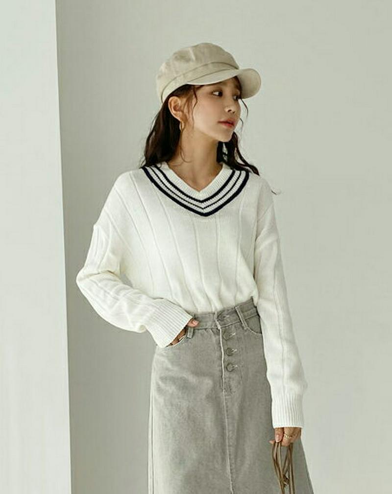 Vネック配色リブニット・全5色・b57775 レディース 【tops】【トップス ニット 長袖 Vネック リブニット リブ 無地