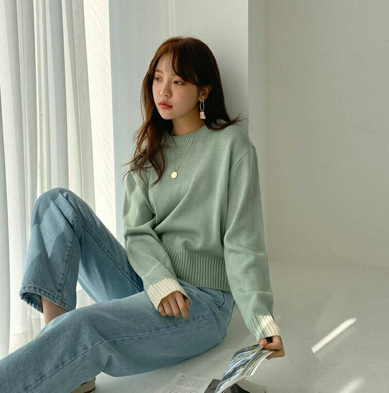 スリーブ配色ニット・全4色・57776 レディース 【tops】【トップス ニット ラウンドネック クロップド 配色 無地 長袖