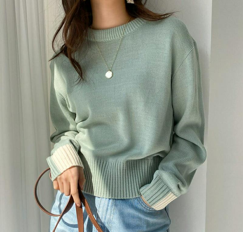 スリーブ配色ニット・全4色・57776 レディース 【tops】【トップス ニット ラウンドネック クロップド 配色 無地 長袖