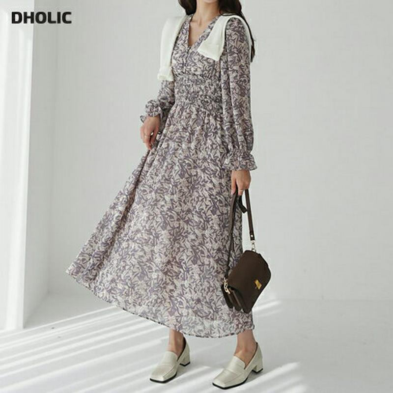 ボタンシャーリング花柄ワンピース・全3色・e57779 レディース 【ops】 韓国ファッション ワンピース ロング丈 ロングワンピース フレア Vネック 長袖 花柄 シャーリング ウエスゴム 秋 春 冬206