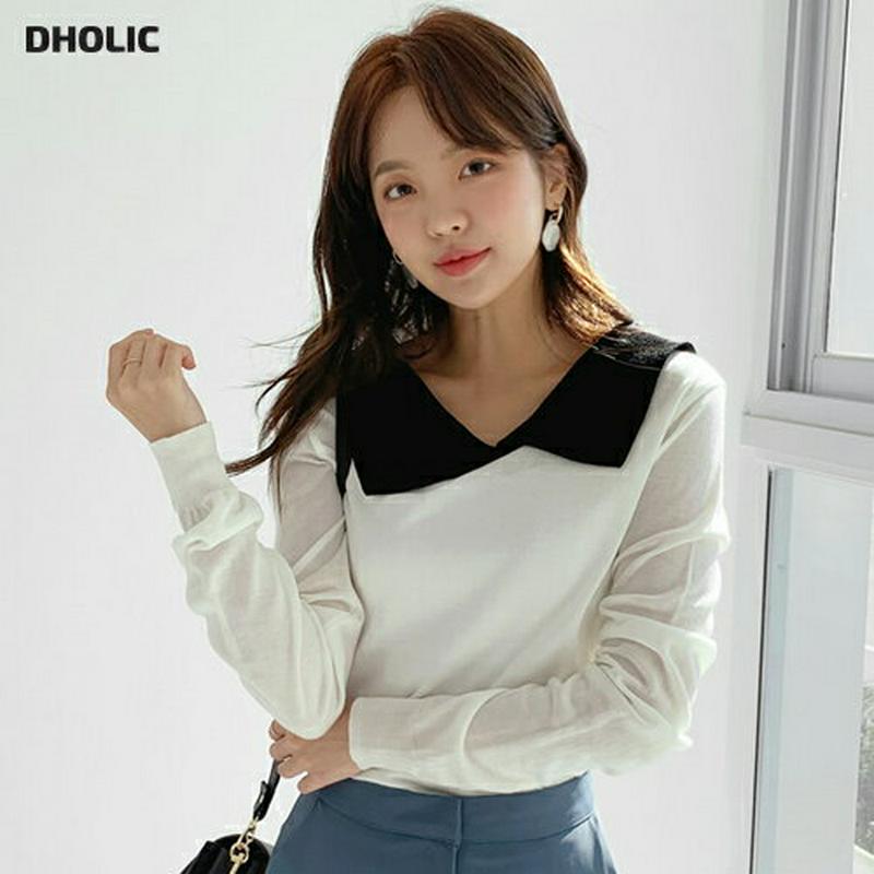 配色カラーVネックニット・全2色・b57777 レディース 【tops】【トップス ニット Vネック ビックカラー カラーネック