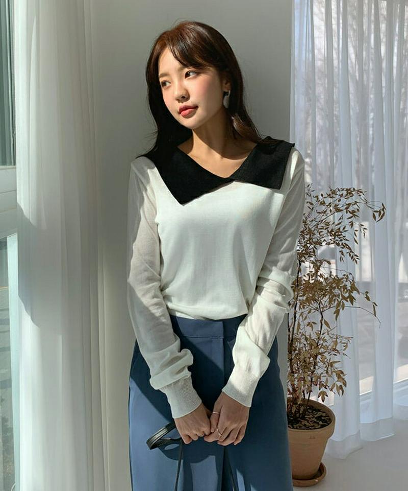 配色カラーVネックニット・全2色・b57777 レディース 【tops】【トップス ニット Vネック ビックカラー カラーネック