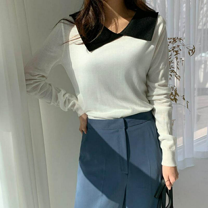 配色カラーVネックニット・全2色・b57777 レディース 【tops】【トップス ニット Vネック ビックカラー カラーネック