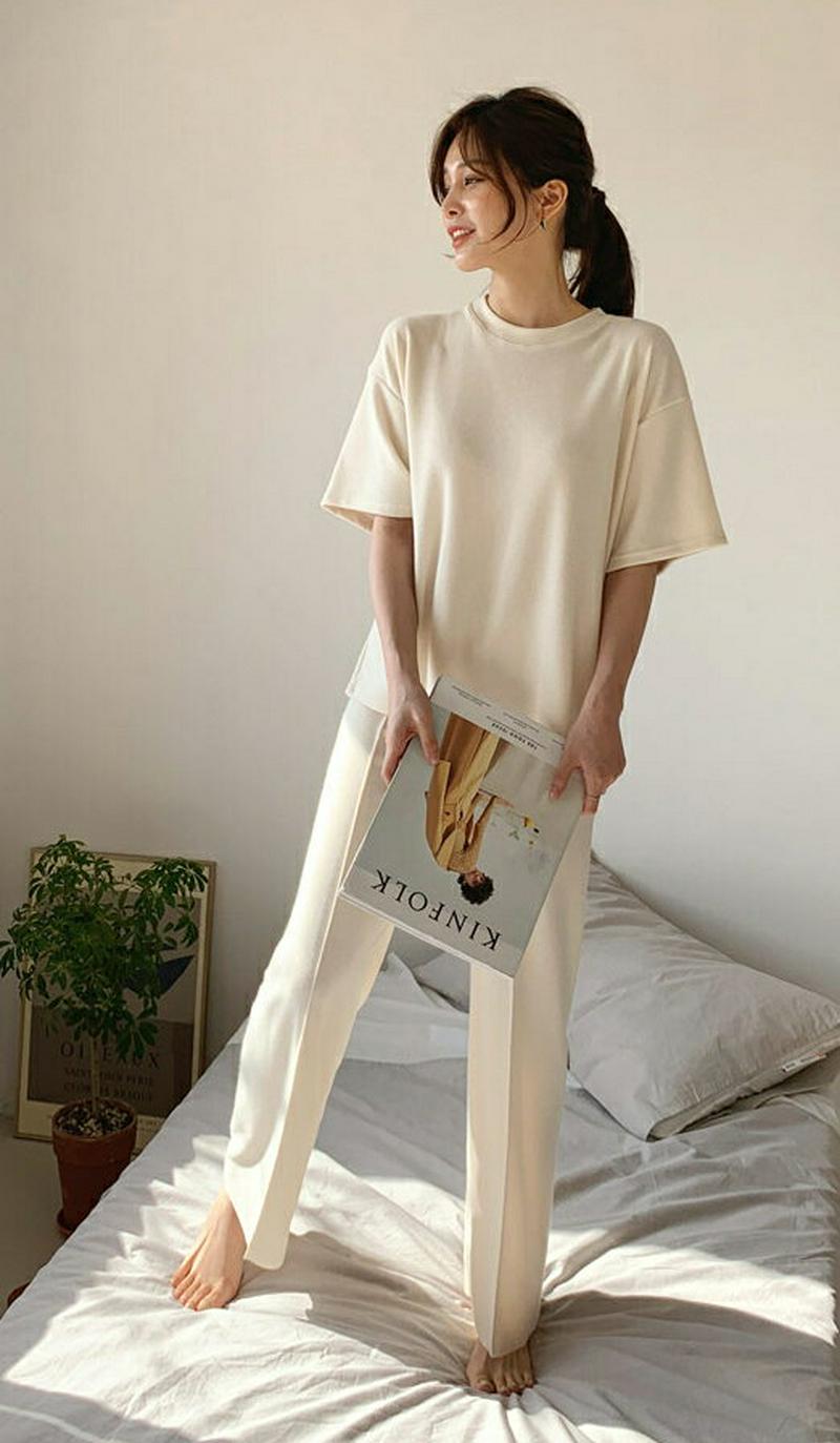 ラウンドTシャツ&パンツSET・全3色・t61018 レディース【pt】【セットアップ トップス Tシャツ 半袖 ラウンドネック