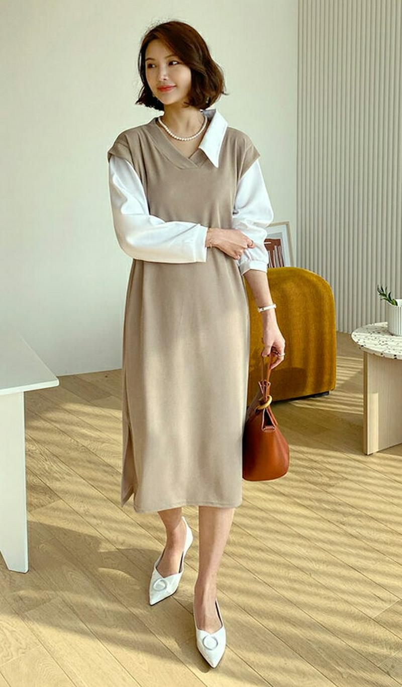 カラーコントラストワンピース・全2色・b60992 レディース【ops】【ワンピース ミディ丈 ミディアム ミディワンピース ひ