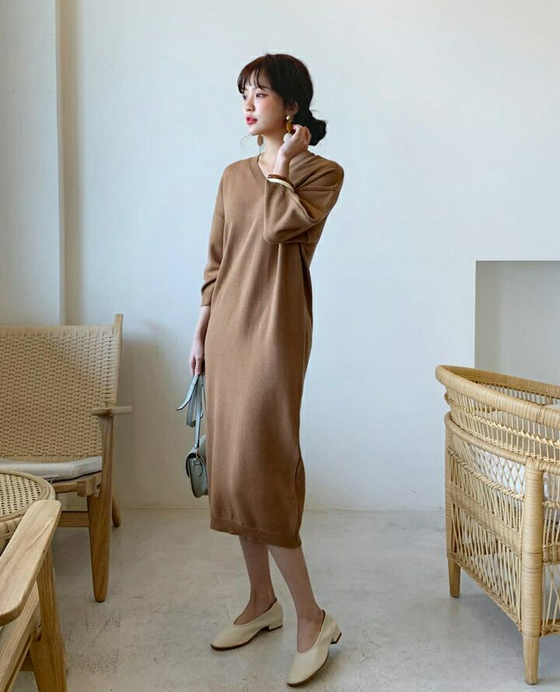 パフVネックニットワンピース・全3色・b55320 レディース 【ops】【ワンピース ロングワンピース ロング ロング丈 無地