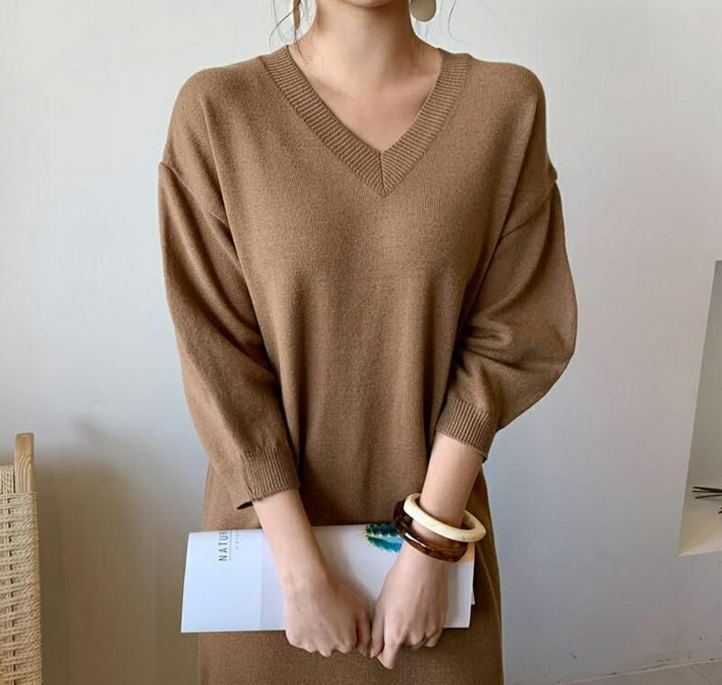 パフVネックニットワンピース・全3色・b55320 レディース 【ops】【ワンピース ロングワンピース ロング ロング丈 無地