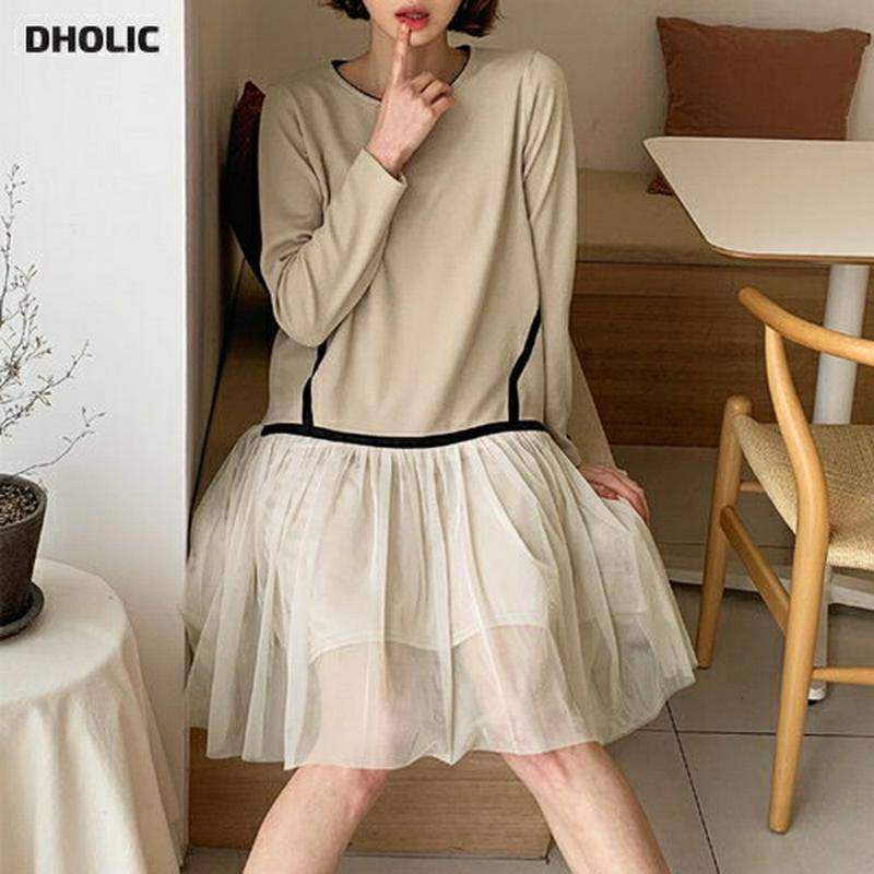 チュールヘム配色ワンピース・全2色・b55322 レディース 【ops】【ワンピース ミディ丈 チュール フレア 配色 切り替え