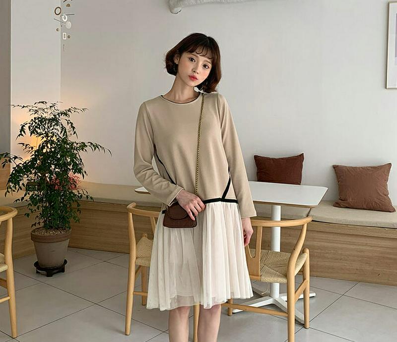 チュールヘム配色ワンピース・全2色・b55322 レディース 【ops】【ワンピース ミディ丈 チュール フレア 配色 切り替え