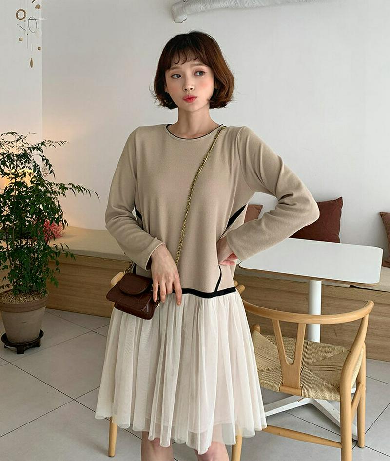 チュールヘム配色ワンピース・全2色・b55322 レディース 【ops】【ワンピース ミディ丈 チュール フレア 配色 切り替え