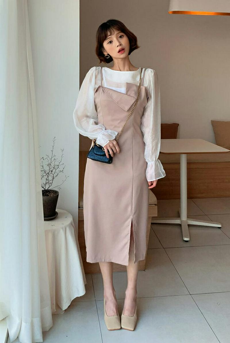 バストディテールワンピース・全2色・b55321 レディース 【ops】【ワンピース ロング丈 ロングワンピース ロング スリッ