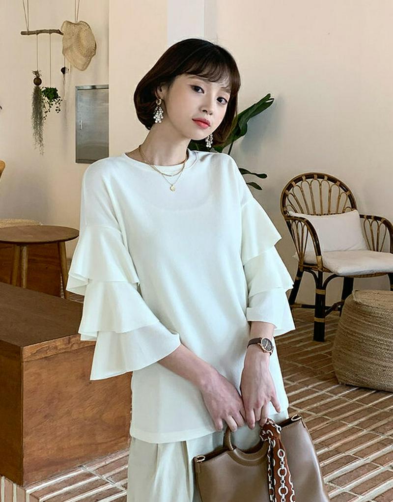ティアードスリーブTシャツ・全3色・b55319 レディース 【tops】【トップス Tシャツ ラウンドネック フレア ティアー