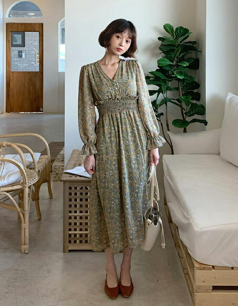 ウエストシャーリング花柄ワンピース・全2色・e55325 レディース 【ops】【ワンピース ロング丈 ロング ロングワンピース