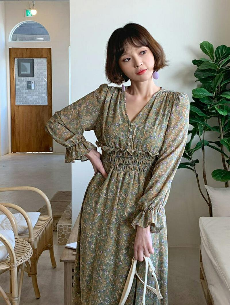 ウエストシャーリング花柄ワンピース・全2色・e55325 レディース 【ops】【ワンピース ロング丈 ロング ロングワンピース