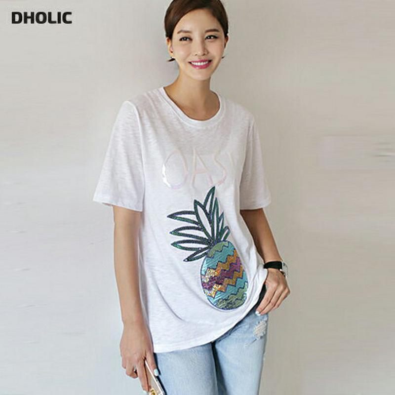【全品10%OFF】スパンコールパイナップルTシャツ・全3色 t40852 レディース【tops】【韓国 ファッション トップス 半袖 Tシャツ スパンコール ホログラム ラメ パイナップル パイン 果物 かわいい ラフ ラウンドネック ロゴ ネイビー ホワイト 白】【ハイホリHIHOLLI】