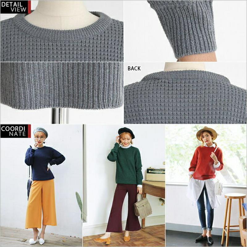 クルーネックワッフルニット・全9色 n45414 レディース 【tops】 韓国 ファッション トップス ニット ニットトップス ワッフルニット 長袖 プルオーバー シンプル 無地 ラフ　ベーシック レッド 赤 マスタード イエロー クルーネック 秋冬ニット