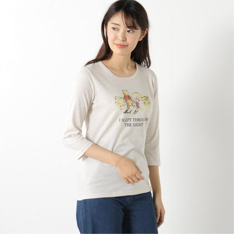 【おうちディズニー化計画】天竺７分袖プリントＴシャツ【Ｍ～３Ｌ】「くまのプーさん」（ディズニー）