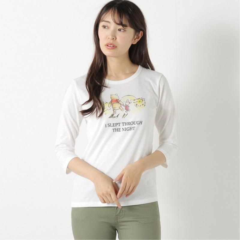 【おうちディズニー化計画】天竺７分袖プリントＴシャツ【Ｍ～３Ｌ】「くまのプーさん」（ディズニー）