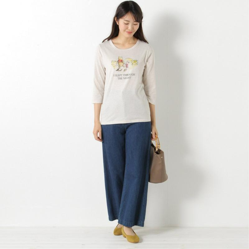 【おうちディズニー化計画】天竺７分袖プリントＴシャツ【Ｍ～３Ｌ】「くまのプーさん」（ディズニー）