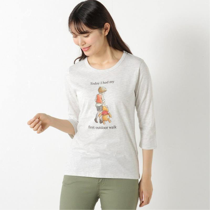 【おうちディズニー化計画】天竺７分袖プリントＴシャツ【Ｍ～３Ｌ】「くまのプーさん」（ディズニー）