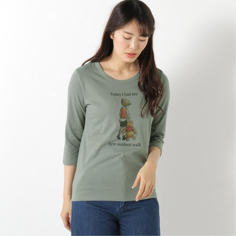 【おうちディズニー化計画】天竺７分袖プリントＴシャツ【Ｍ～３Ｌ】「くまのプーさん」（ディズニー）