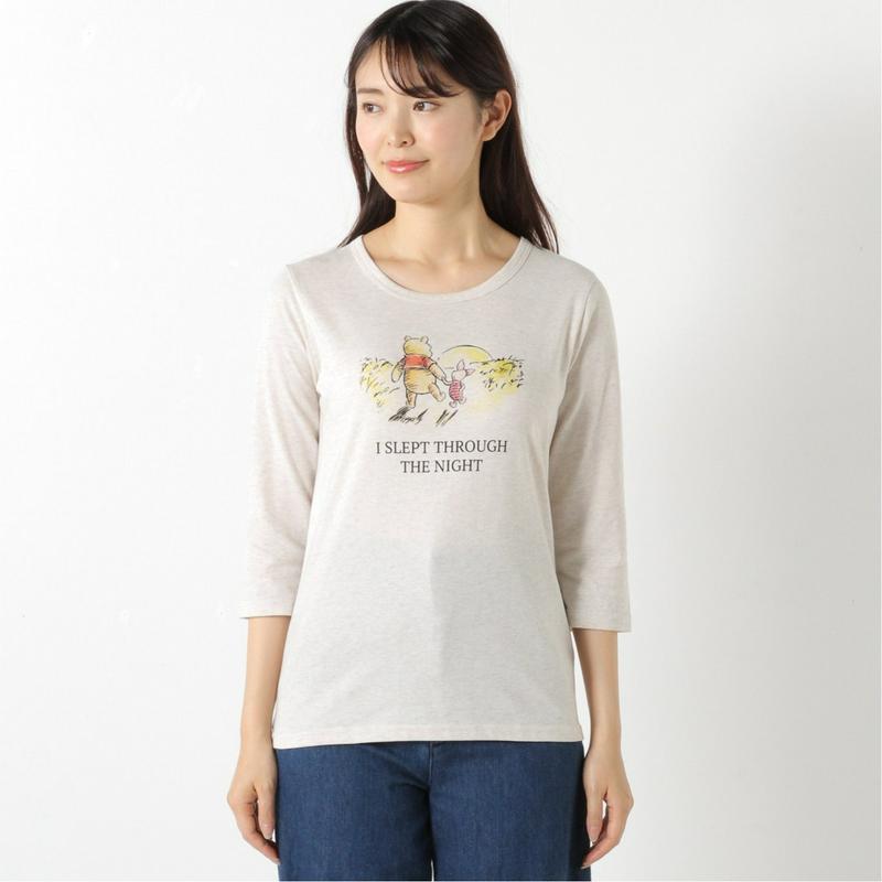 【おうちディズニー化計画】天竺７分袖プリントＴシャツ【Ｍ～３Ｌ】「くまのプーさん」（ディズニー）