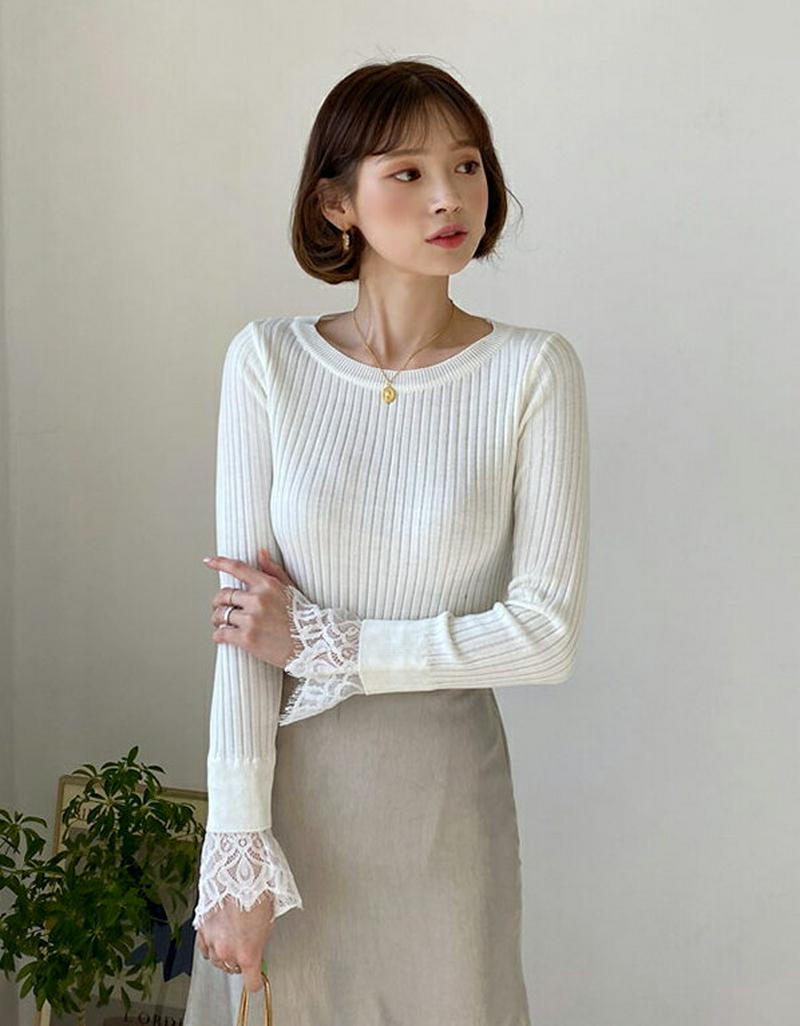 レーススリーブニット・全4色・b57927 レディース 【tops】【トップス Tシャツ ラウンドネック リブ リブニット スリ