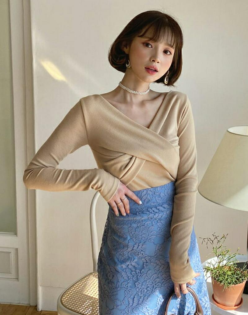 VネックツイストTシャツ・全4色・t57914 レディース 【tops】【トップス Tシャツ Vネック ツイスト クロス 長袖 