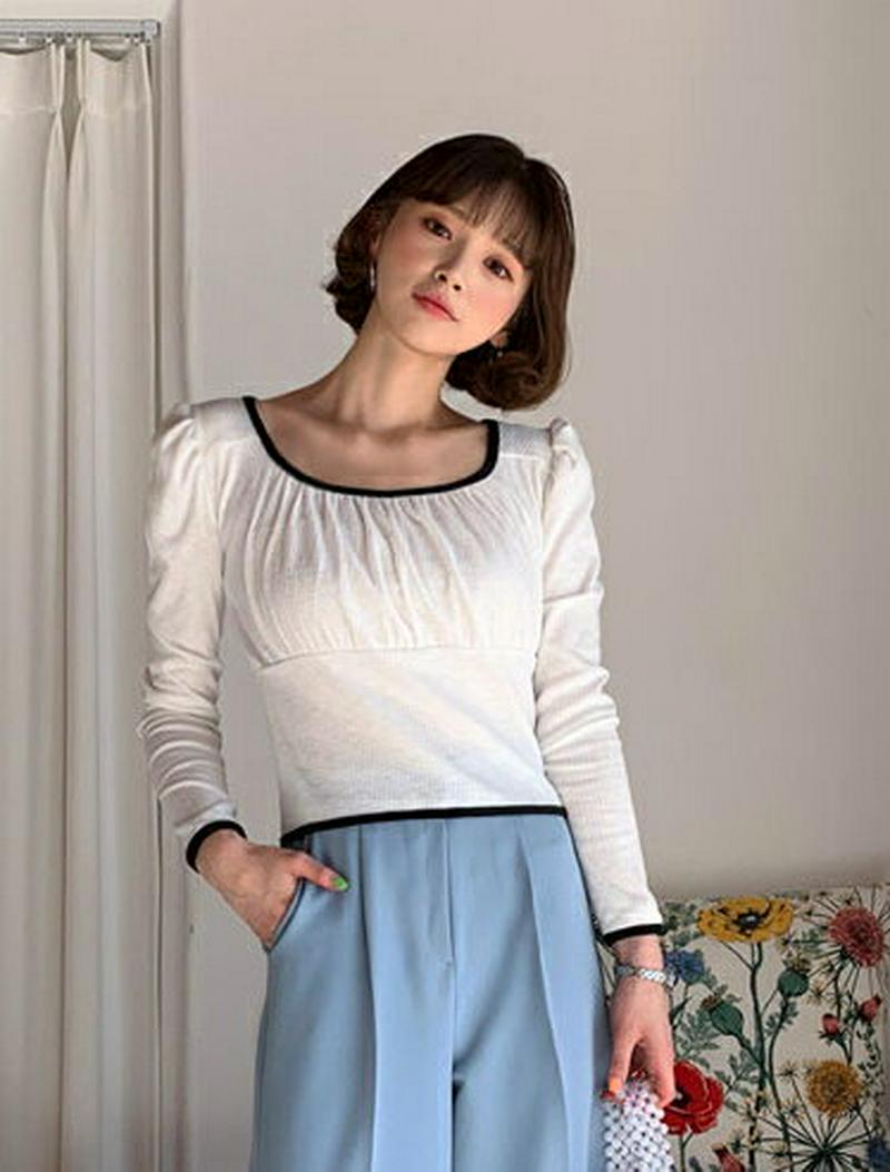 配色リブTシャツ・全3色・t57915 レディース 【tops】【トップス Tシャツ スクエアネック 配色 リブ 長袖 無地 ギ