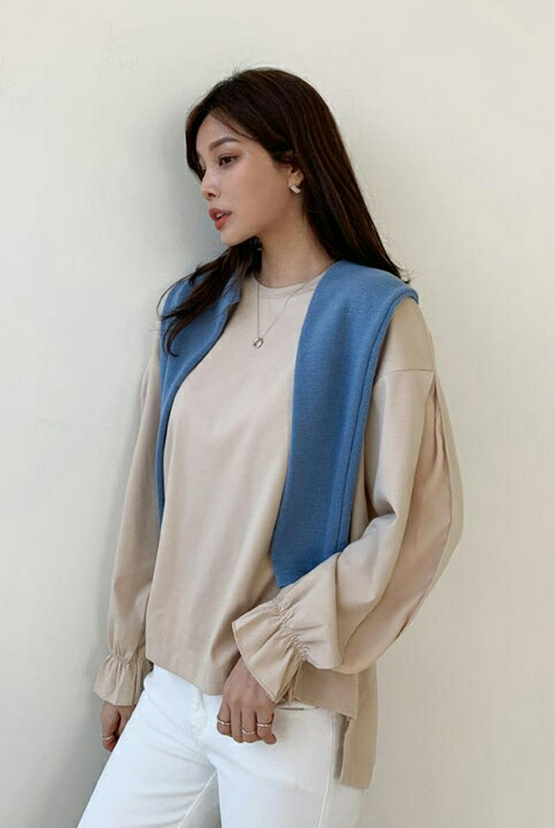 スリットパフTシャツ・全3色・t61095 レディース【tops】【トップス Tシャツ 長袖 パフ パフスリーブ 袖コンシャス 