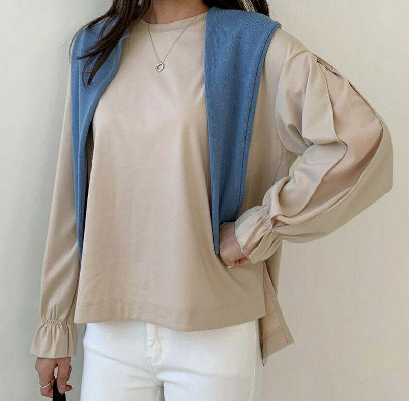 スリットパフTシャツ・全3色・t61095 レディース【tops】【トップス Tシャツ 長袖 パフ パフスリーブ 袖コンシャス 