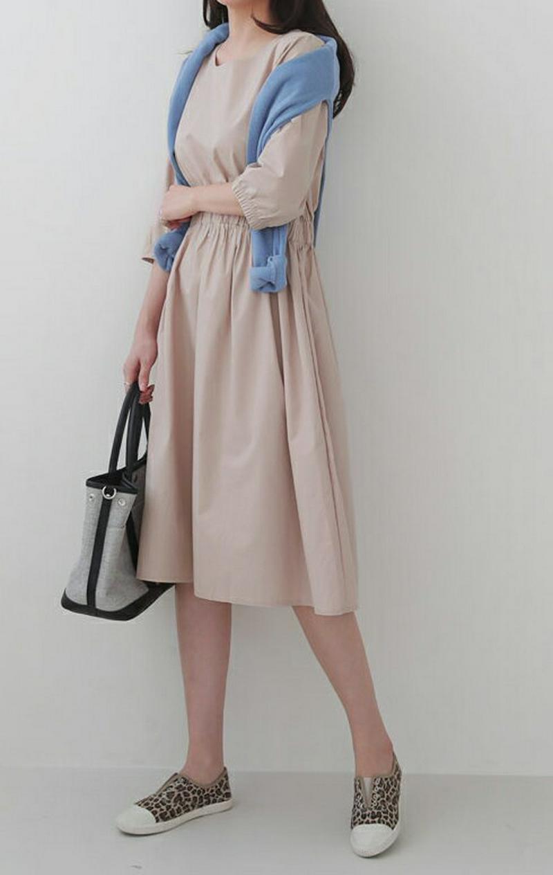 ウエストゴムワンピース・全2色・b61106 レディース【ops】【ワンピース ミディ丈 ミディワンピース ミディアム 半袖 ハ