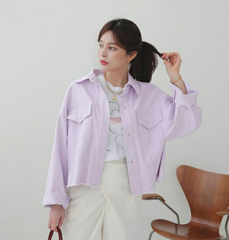 フレイドコットンジャケット・全3色・t61108 レディース【jk】【韓国 ファッション ジャケット コットンジャケット アウター 春アウター コットン 綿 切りっぱなし 単色 無地 ラフ ゆったり パステル 紫 パープル 黄色 イエロー 春 秋】【ハイホリHIHOLLI】