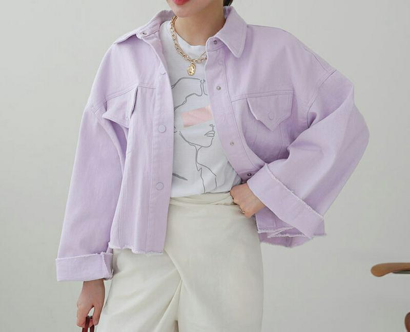 フレイドコットンジャケット・全3色・t61108 レディース【jk】【韓国 ファッション ジャケット コットンジャケット アウター 春アウター コットン 綿 切りっぱなし 単色 無地 ラフ ゆったり パステル 紫 パープル 黄色 イエロー 春 秋】【ハイホリHIHOLLI】