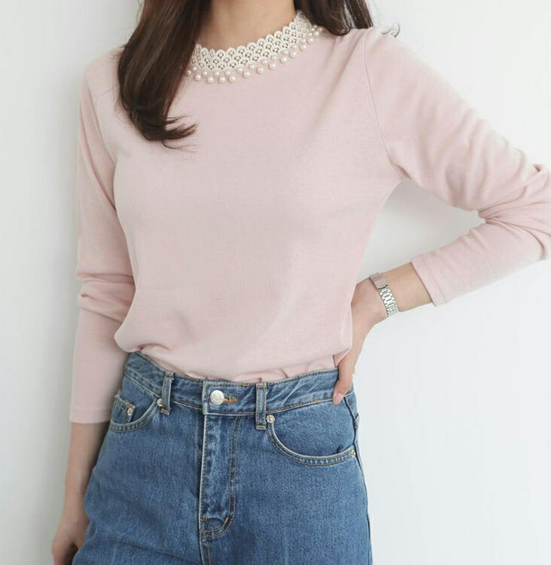 パールレースネックTシャツ・全3色・b61066 レディース【tops】【トップス Tシャツ 襟コンシャス パール パールボタン