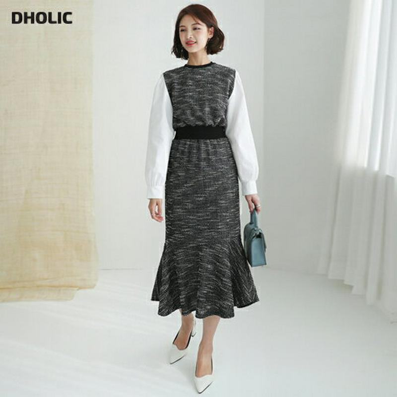 コントラストツイードワンピース・全2色・b61077 レディース【ops】【ワンピース ロング ロングワンピース 長袖 レイヤー